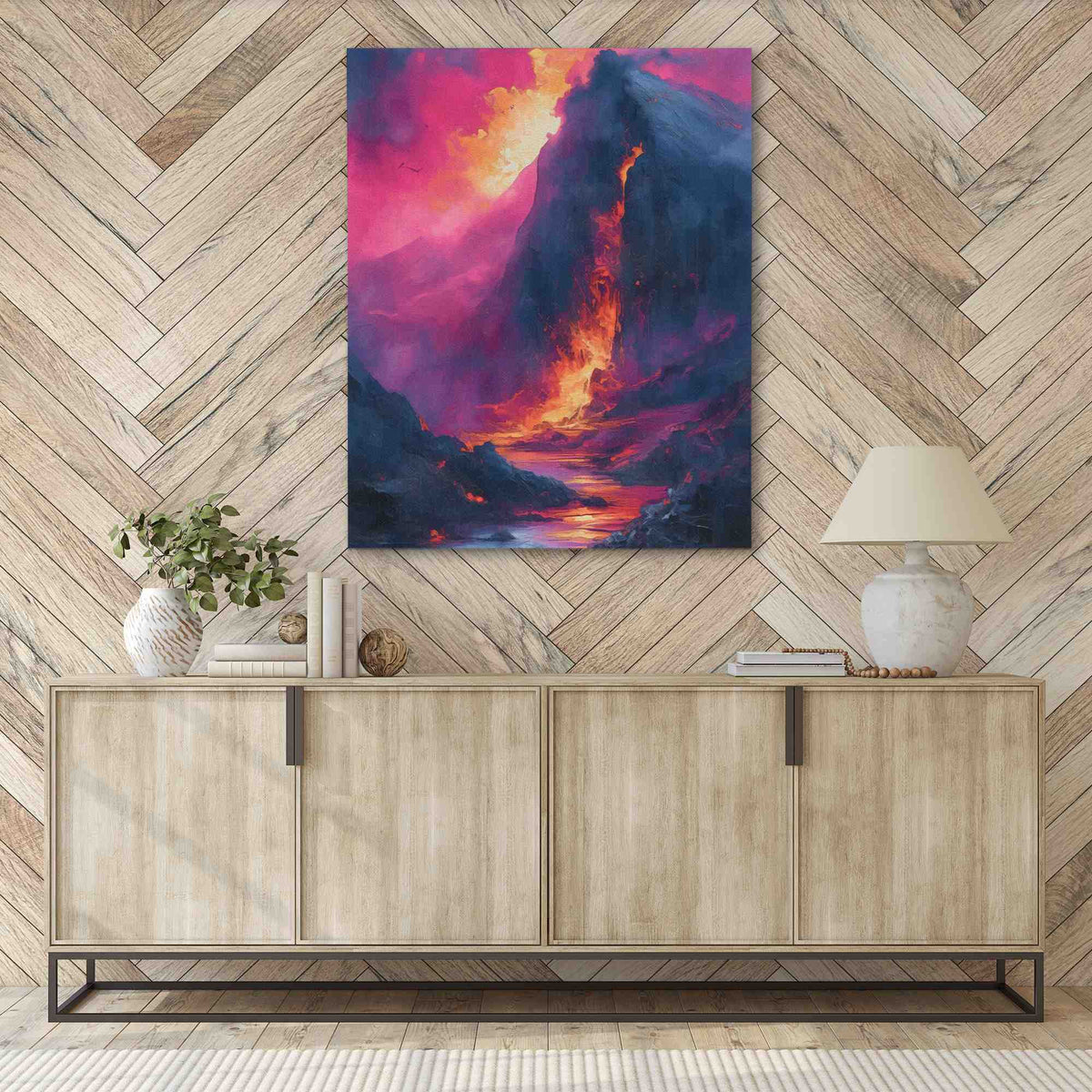 a painting hanging on a wall next to a sideboard