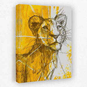 a drawing of a lion on a yellow background