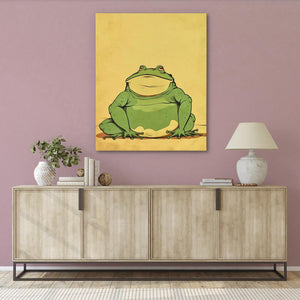 a green frog sitting on top of a wooden cabinet