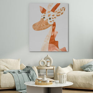 a living room with two couches and a giraffe painting on the wall