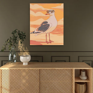 a painting of a seagull on a wall above a wooden cabinet