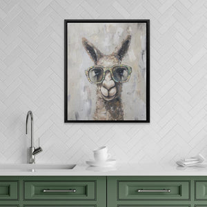 a painting of a llama wearing glasses in a kitchen