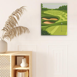 a painting of a golf course with a palm tree in the foreground