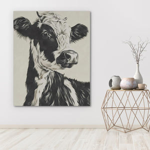 a black and white picture of a cow on a wall