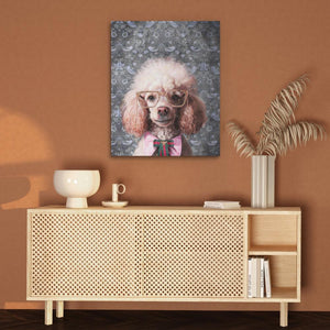 a painting of a poodle wearing glasses and a bow tie