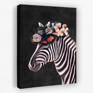 a zebra with a flower crown on its head