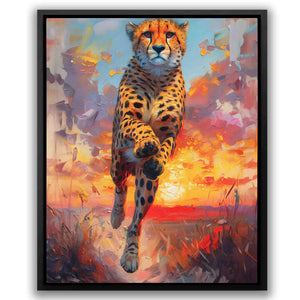 a painting of a cheetah running across a field