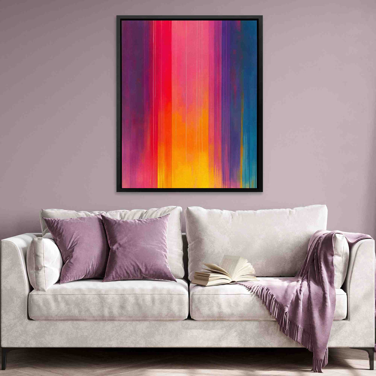 a living room with a couch and a painting on the wall