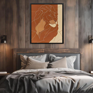 a picture of a lion on a wall above a bed