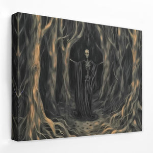 a painting of a skeleton standing in a forest