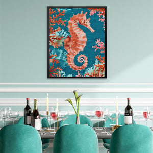 a picture of a sea horse on a wall above a dining room table