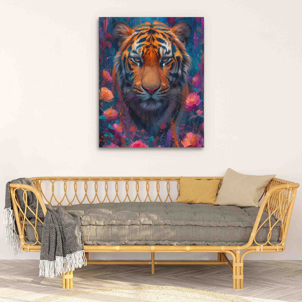 a painting of a tiger on a wall above a couch
