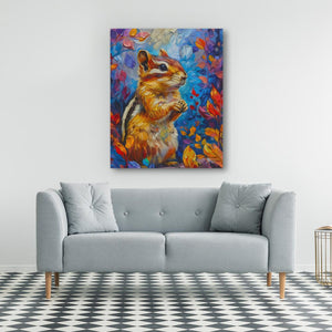 a painting of a squirrel on a wall above a couch