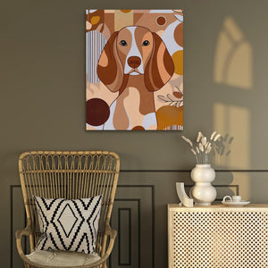 a painting of a dog on a wall next to a chair