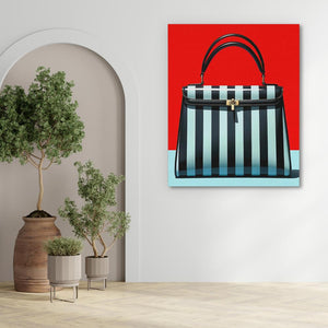 a painting of a handbag on a wall next to a potted plant