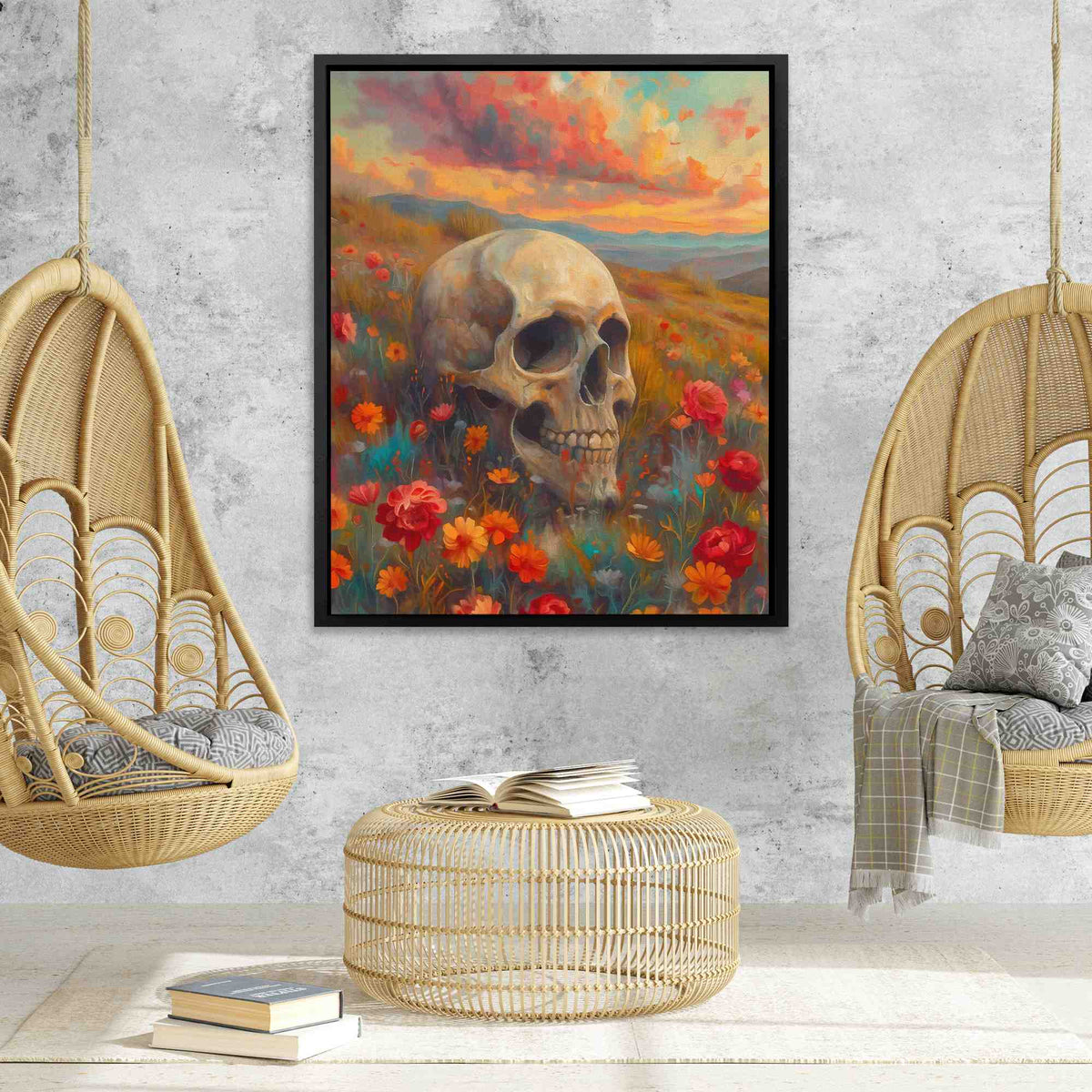 a painting of a skull in a field of flowers