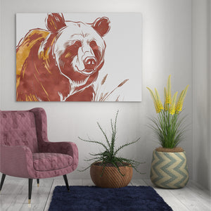 a painting of a bear on a wall next to a chair