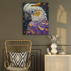 a painting of a bird on a wall next to a chair