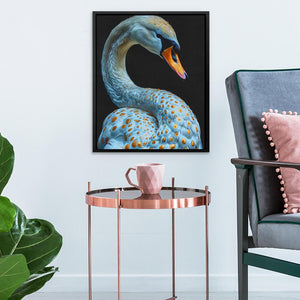 a painting of a blue swan with a yellow beak