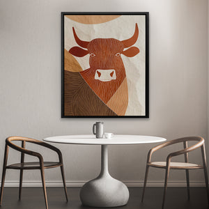 a picture of a cow on a wall above a table