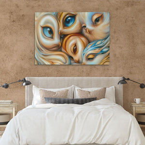 a bed with a white comforter and a painting on the wall