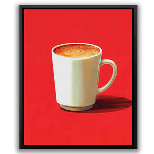 a painting of a cup of coffee on a red background