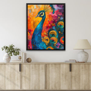 a painting of a peacock on a wall above a dresser