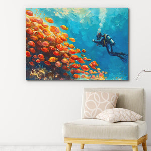 a painting of a scuba diver swimming over a coral reef