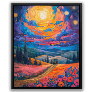 a painting of a sunset over a field of flowers