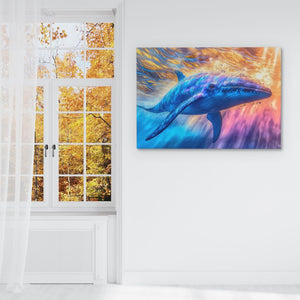 a painting of a dolphin is hanging on a wall