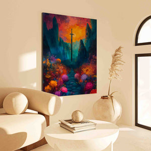 a living room with a painting on the wall