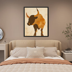 a picture of a bull on a wall above a bed