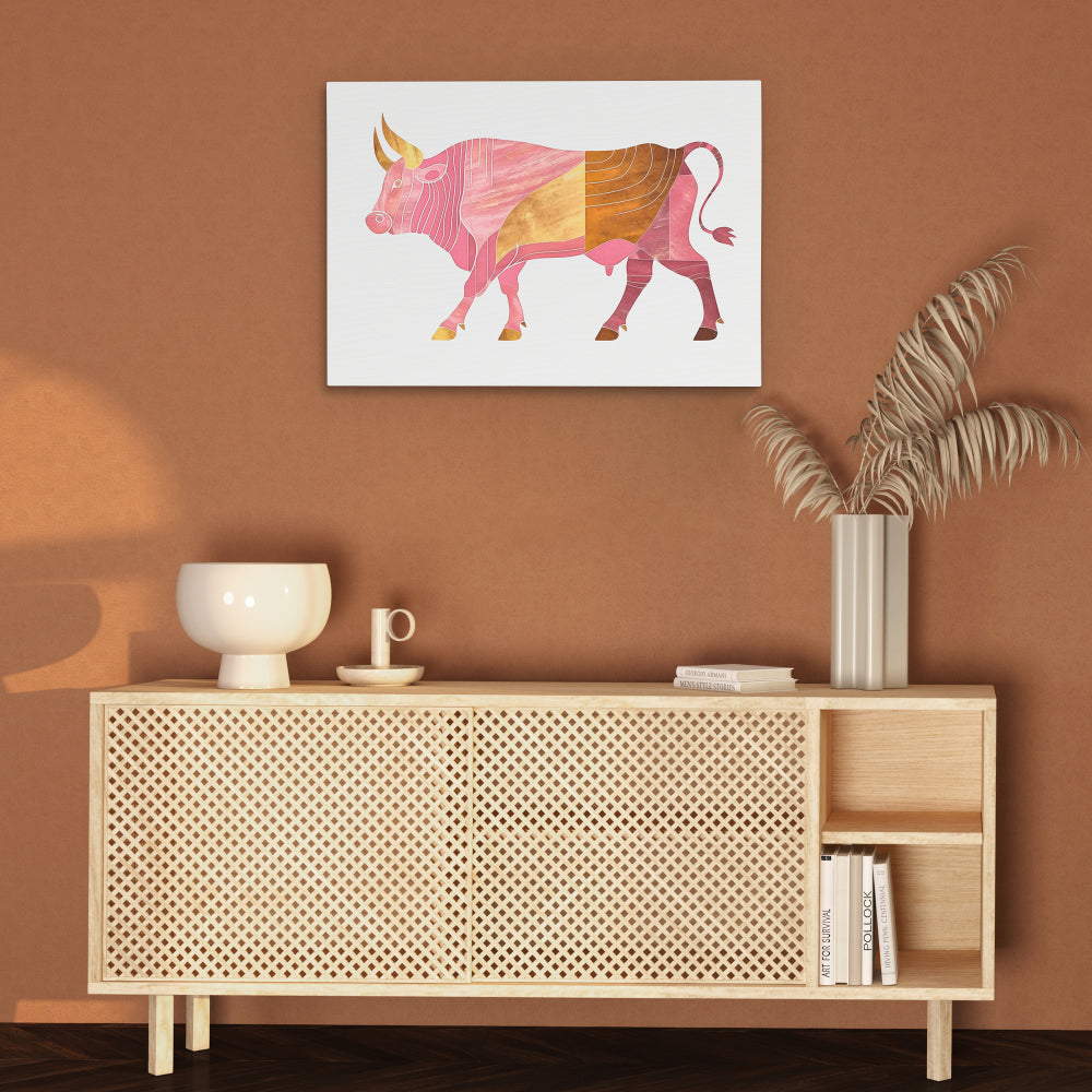 a painting of a bull on a white wall