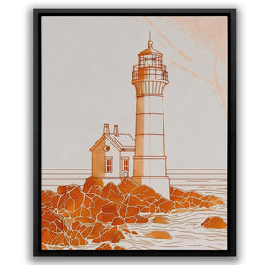 a painting of a lighthouse on a rocky shore