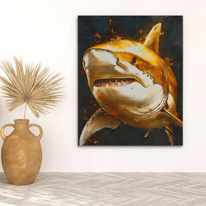 a painting of a great white shark on a wall