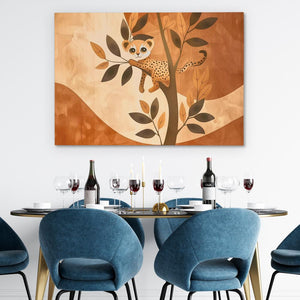 a dining room table with blue chairs and a painting on the wall