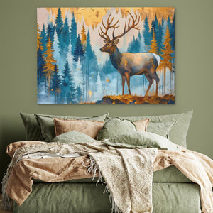 a painting of a deer on a wall above a bed