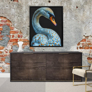 a painting of a blue swan sitting on top of a dresser