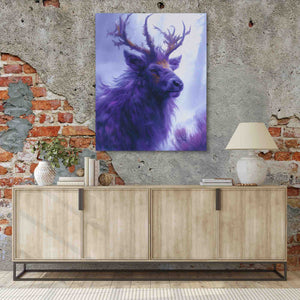 a painting of a purple deer on a brick wall