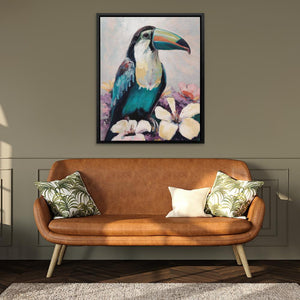 a painting of a toucan sitting on top of a couch