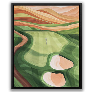 a painting of a golf course in the mountains