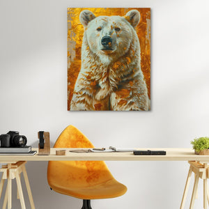 a painting of a bear on a wall above a desk