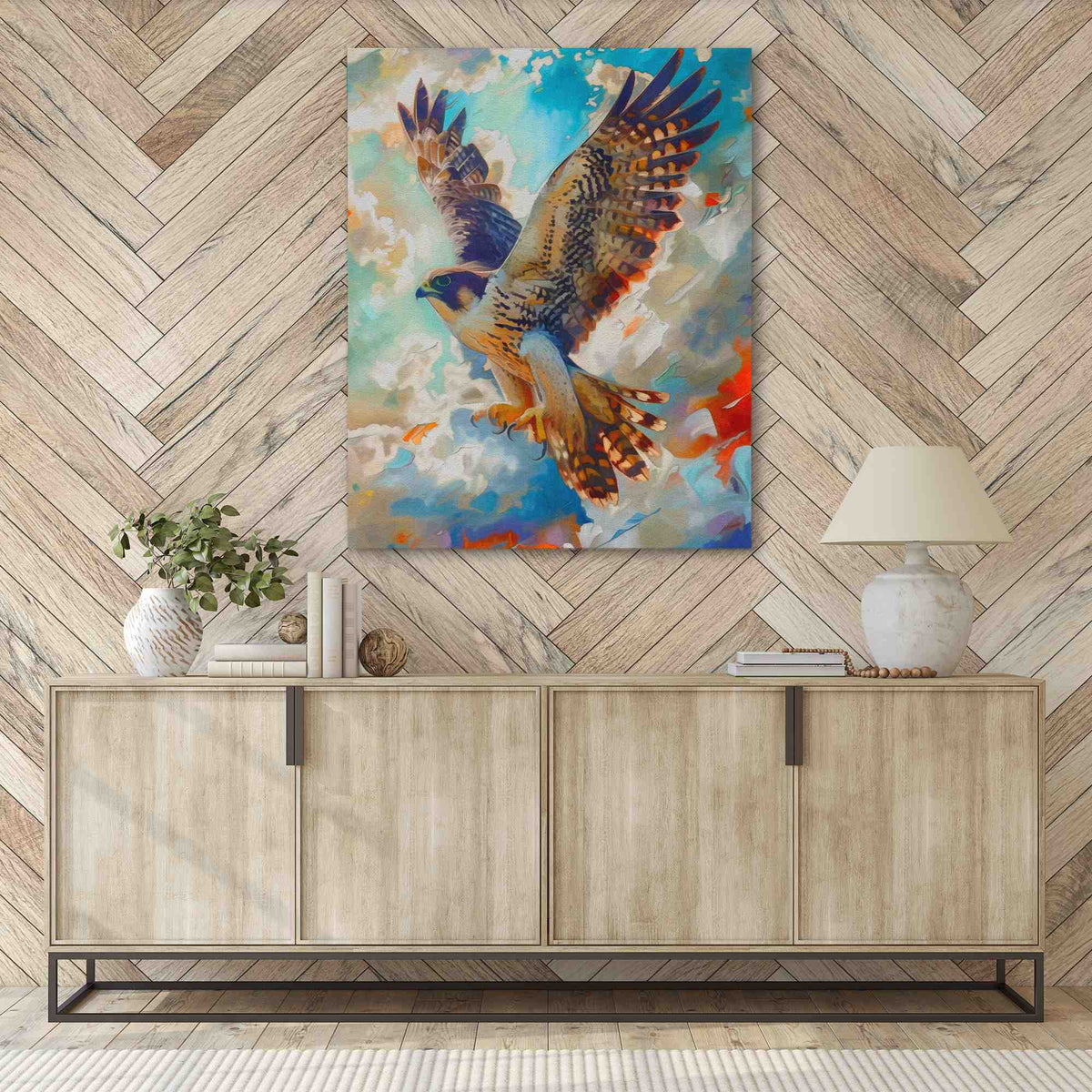a painting of an eagle flying in the sky