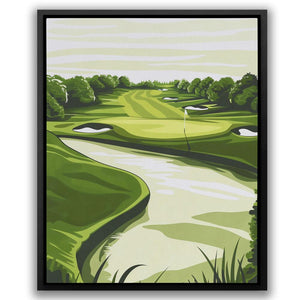 a painting of a golf course with a river running through it