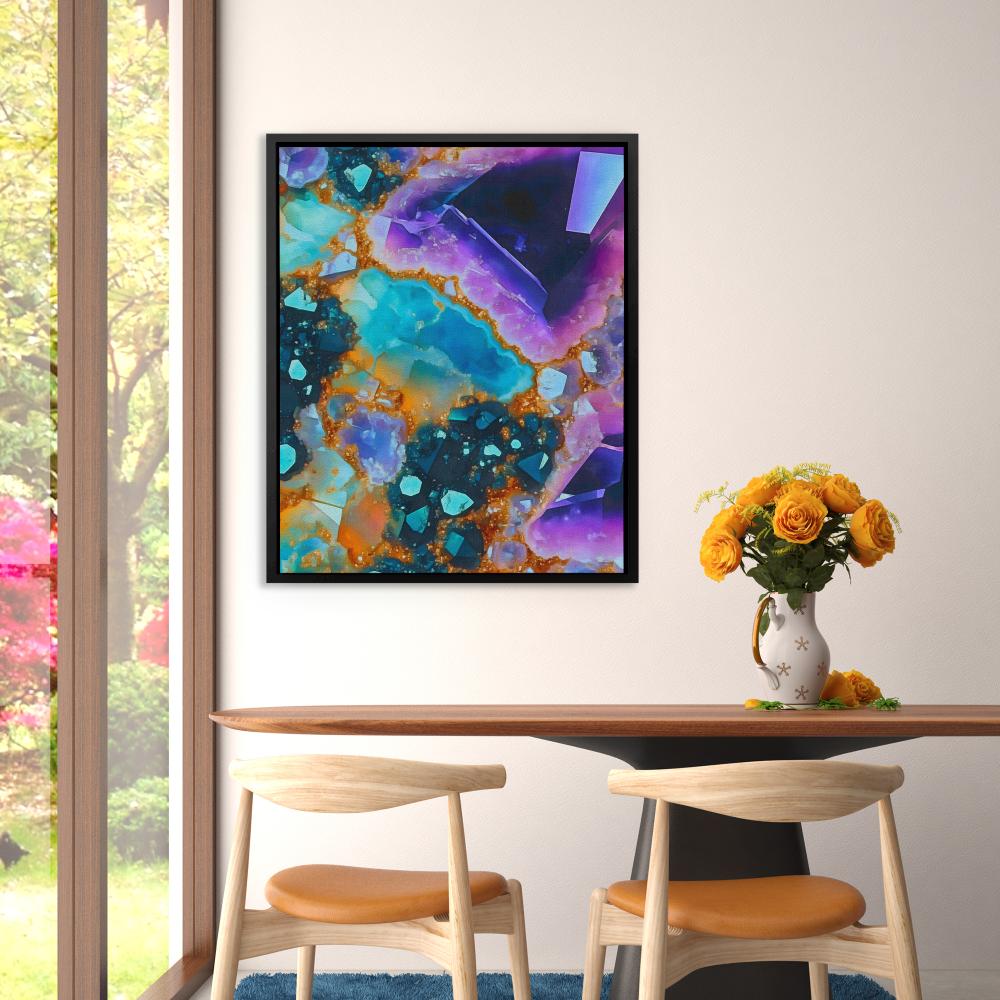 an abstract painting with blue, purple, and orange colors