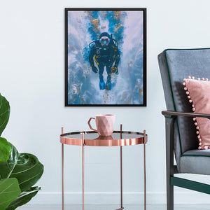 a painting of a scuba diver on a blue background