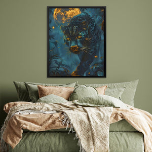 a painting of a tiger on a green wall above a bed