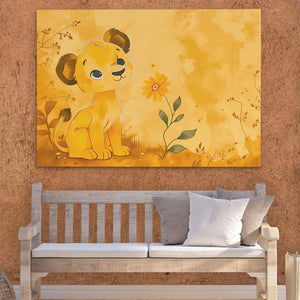 a painting of a lion cub sitting on a bench