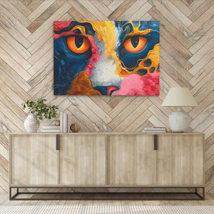 a painting of a cat's face on a wall