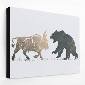 a painting of a bear and a bull running in the grass